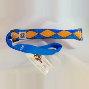 2" tubular webbing tug- blue and orange argyle toy with webbing handle